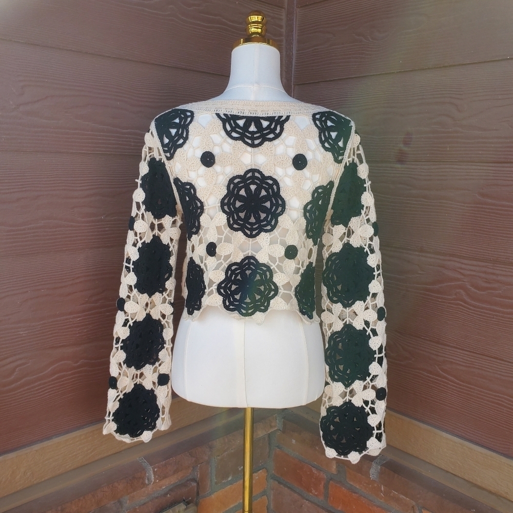 SHEIN Cream and Black Long Sleeve Crochet Bell Sleeve Cover-Up Beachwear Top - Picture 14 of 14